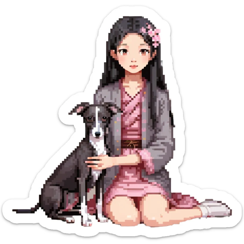 A young Chinese girl with long black hair and a pure dark grey Italian Greyhound with absolutely NO white markings anywhere on its body sitting under a cherry blossom tree. The dog must be completely solid dark grey with no white on muzzle, paws, or chest. sticker
