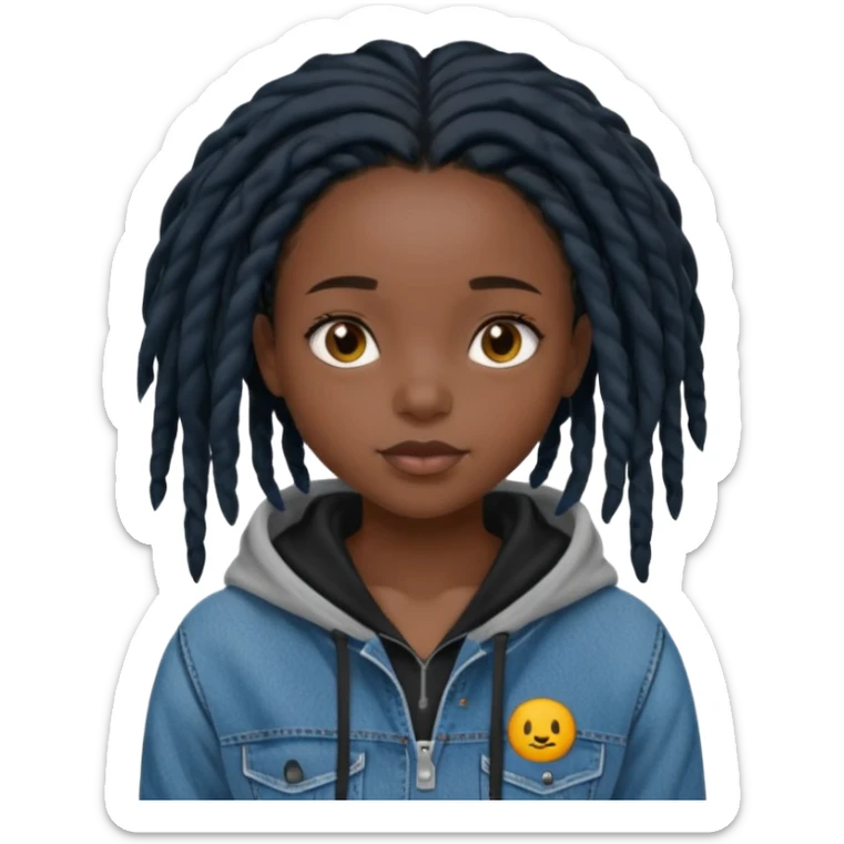 make a black girl with short pitch black locs wearing a denim hoodie with black sleeves sticker