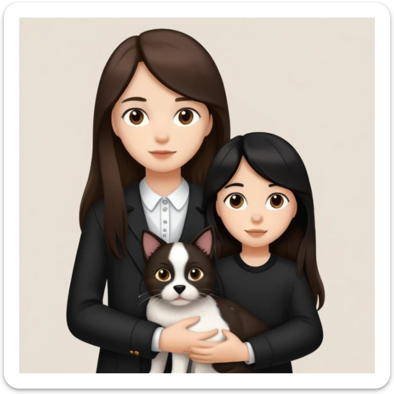 A girl with long brown hair holding the hand of a boy with black hair, both dressed in black, holding a cat and dog sticker