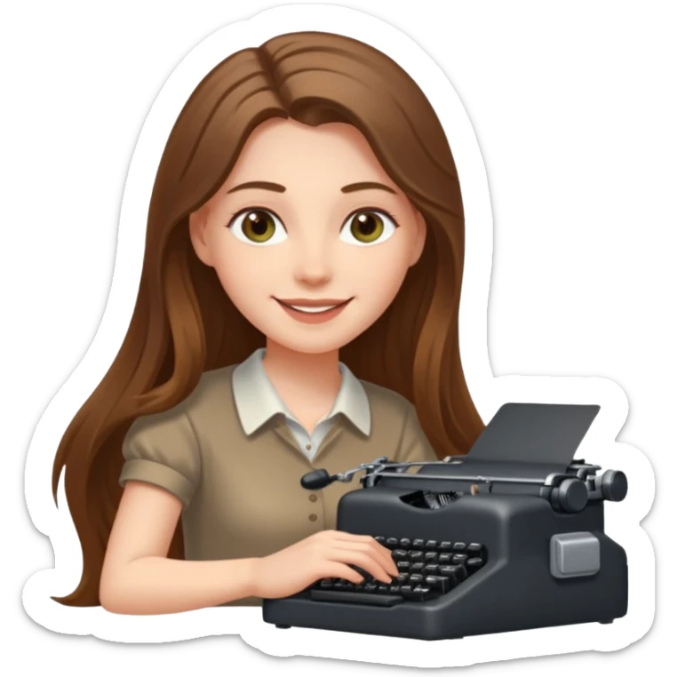 smiling white long brunette hair girl with hazel eyes laying typing on a typewriter sticker