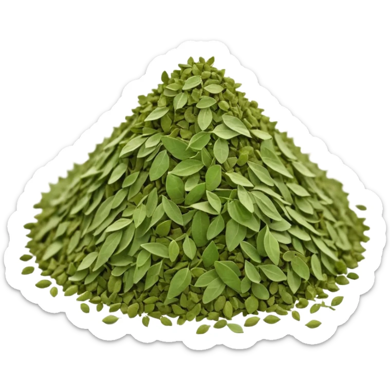 small pile of dried oregano, soft green to olive, crumbly and dry, finely broken leaves, matte texture, 3D clean style, transparent background, optimized for emoji size sticker