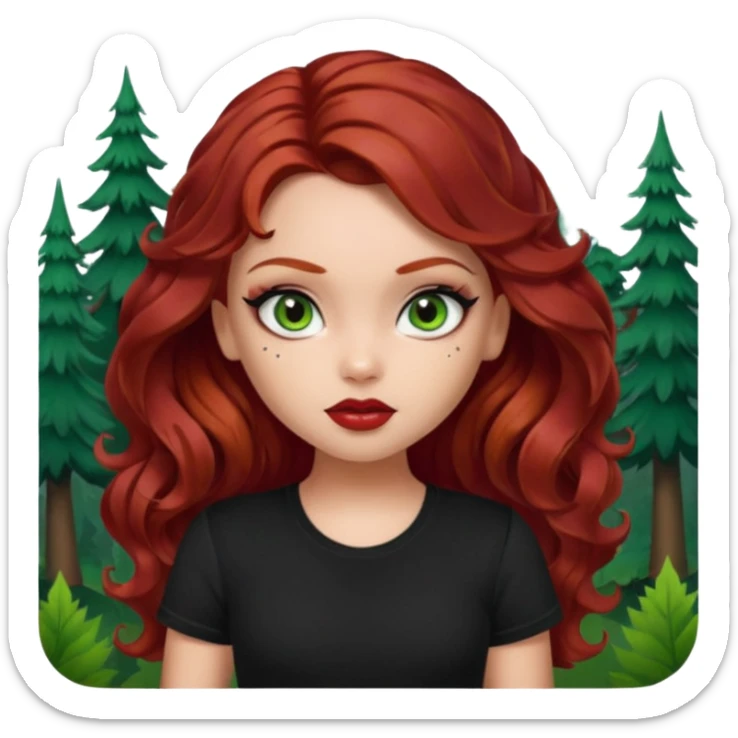 a pretty fair bratz girl with wavy dark red hair, wearing a black tee. eyeliner on, forest green eyes. Waist up sticker