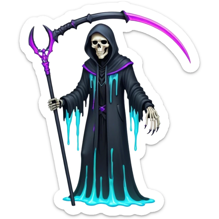 Neon Blood Reaper – A futuristic grim reaper with a scythe made of pure plasma, dripping neon liquid from its skeletal fingertips. sticker