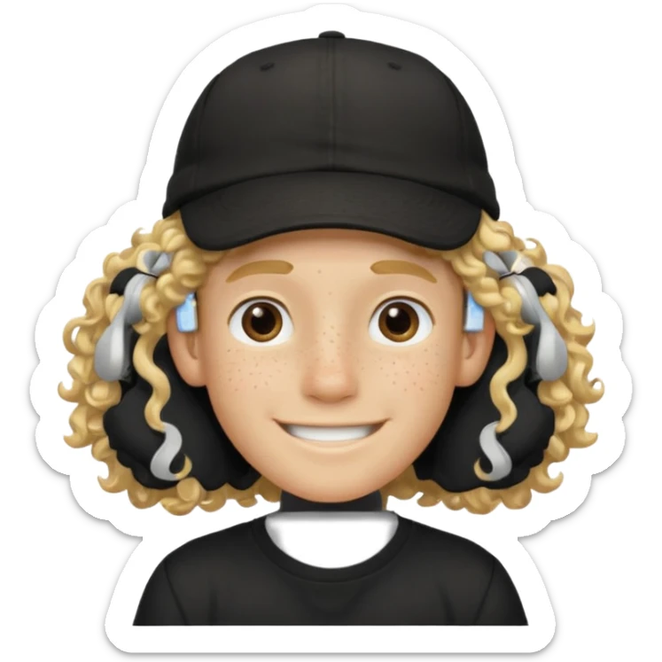 blonde boy with long curly hair past his hears and a LA hat, smiling, wearing a black shirt with freckles sticker