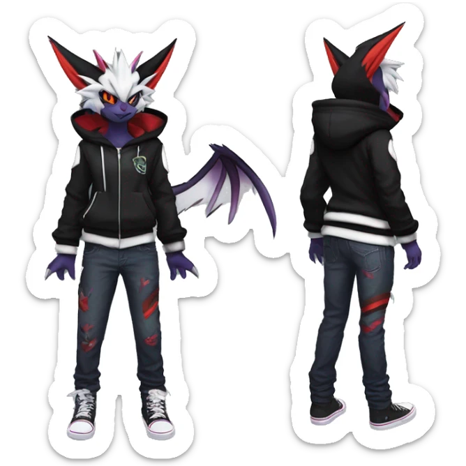Cool Anthro Black Noivern-Absol-Litten-Pokémon with edgy stripes hoodie spiked collar punk Full Body sticker