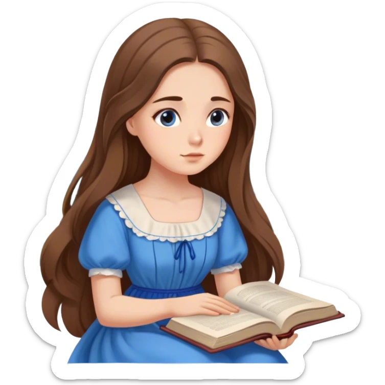 Cinematic Elegant Belle Portrait Emoji, Sitting with an open book, eyes dreamy with thought, her iconic blue village dress draped gracefully, exuding intelligence, kindness, and timeless charm! sticker