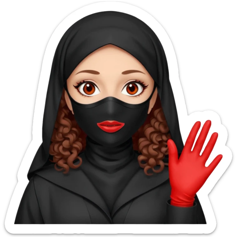 


Scary woman scalpel in hand, evil surgeon sexy surgeon clothes.  She has redcolored  eyes. Her  hair only is free ne brown long curly hair. Wears sexy doctor outfit with red gloves. make her wear full Muslim burka to mask and nose mouth mask  to hide. Wears white surgeon coat, wears  stilettos sticker