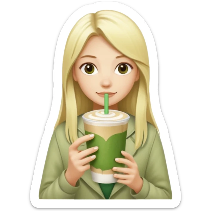 blonde luxury long hair girl with 1 matcha latte and 2 straws sticker