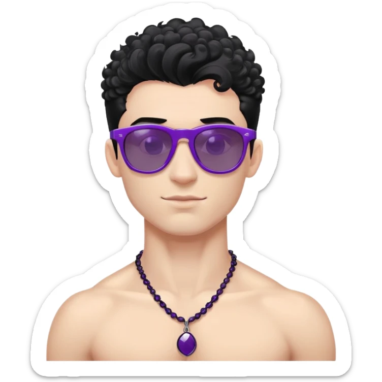 shirtless male athlete with white skin and moderately curly black hair on top with shaved sides, wearing purple sunglasses with black tinted lenses and a shiny black necklace sticker