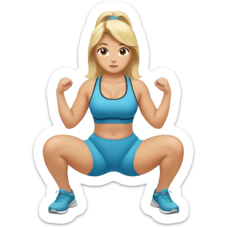 curvy blonde fitness trainer, back view, squatting on her soles, SFW, athletic, friendly expression, no explicit content sticker