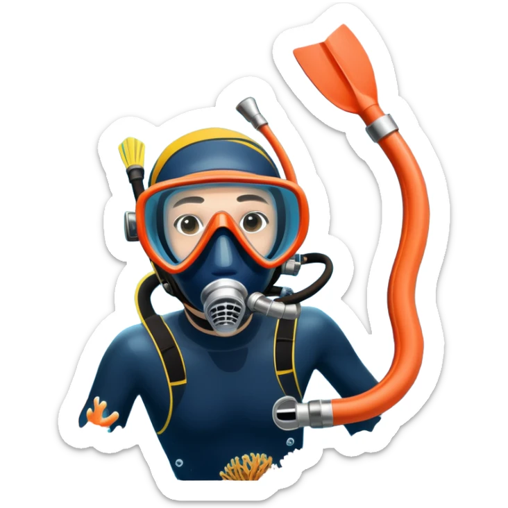 An icon featuring a close-up of a freediving mask and snorkel, with a breath-holding diver's fins, set against a vibrant underwater world. The design includes coral reefs, fish, and bubbles, symbolizing the serene beauty and thrill of freediving. Transparent background highlights the calm sticker