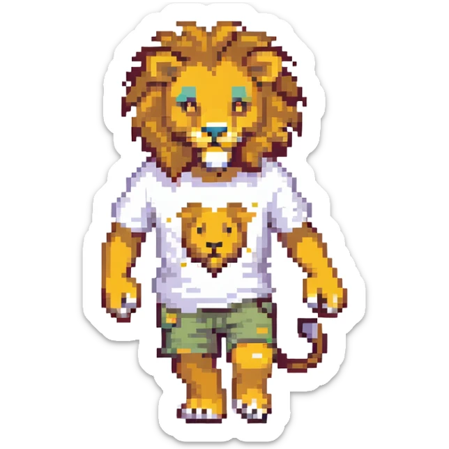 retro 1950s anthropomorphised lion in a t-shirt and shorts walking sticker