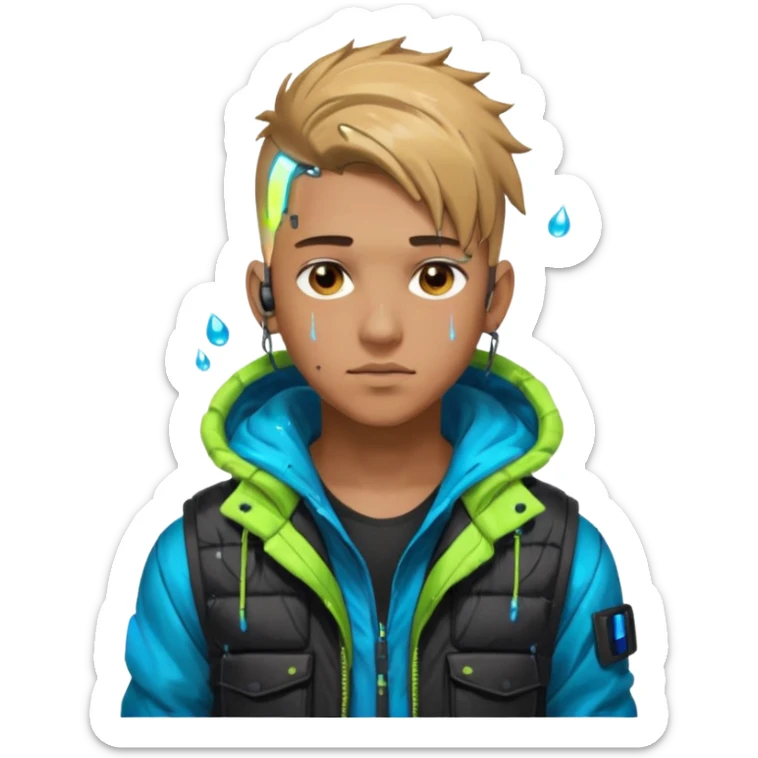 Cyberpunk street young adult, male, messy undercut, puffer vest over hoodie, glowing earpiece, light stubble, brown eyes, neon reflections, raindrops, dark background. sticker