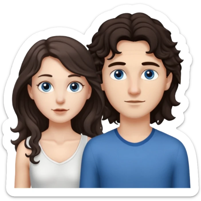 white girl, dark brown long slightly curly hair , skinni but with big breast , septum piercing on nose, beautiful dark gray-blue eyes, in white dress , boy dark brown eyes , light white skin , tall , skinny , light brown mid haircut ,  sticker