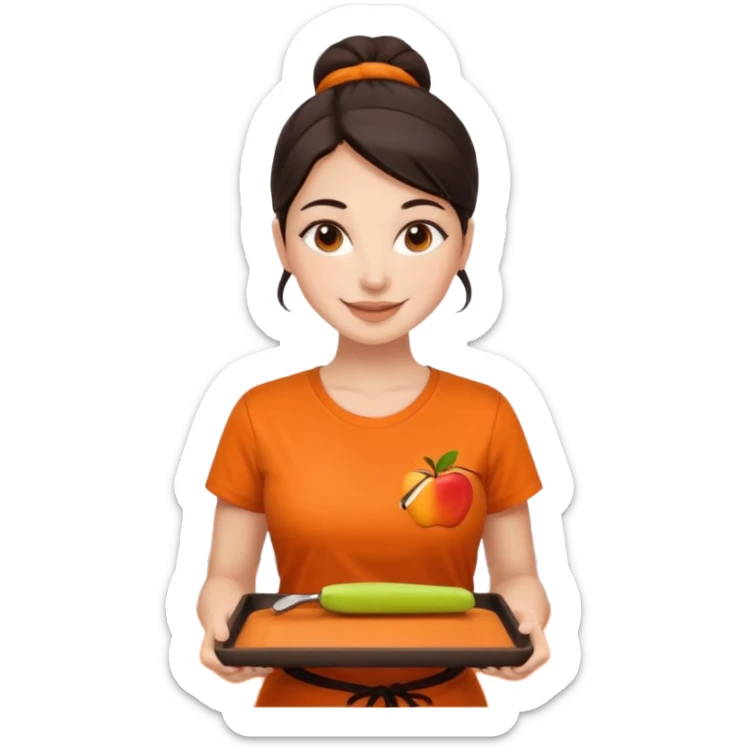 Create an iOS-emoji-style illustration of a cheerful female barista with bright fair skin and dark hair tied back. She wears an orange barista T-shirt and holds a brown serving tray. Style should be soft, rounded, and minimal like Apple emoji. sticker