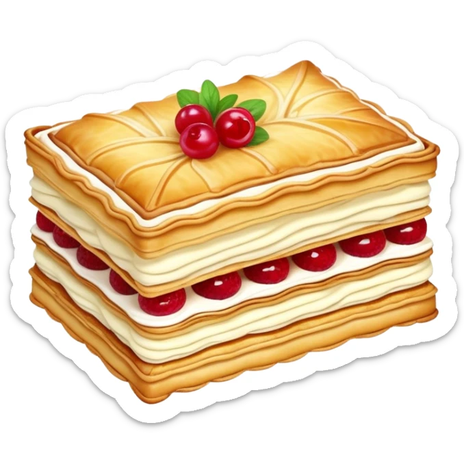 mille-feuille-cinematic-realistic-mille-feuille-dessert-emoji,-depicted-as-a-rectangular delicate-pastry-composed-of-two-crisp-layers-of-puff-pastry-with-a-rich-cream-filling,-rendered-with-intricate-textures-and-elegant,-soft-lighting. Please only show two layers only. sticker