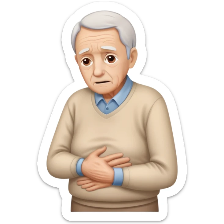 elderly person with a worried face, one hand on their lower back, pain lines below the back sticker