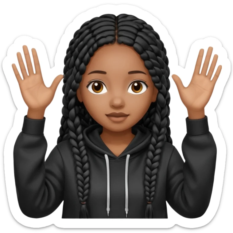 African American girl with long black box braids wearing black Christian hoodie with hands raised sticker