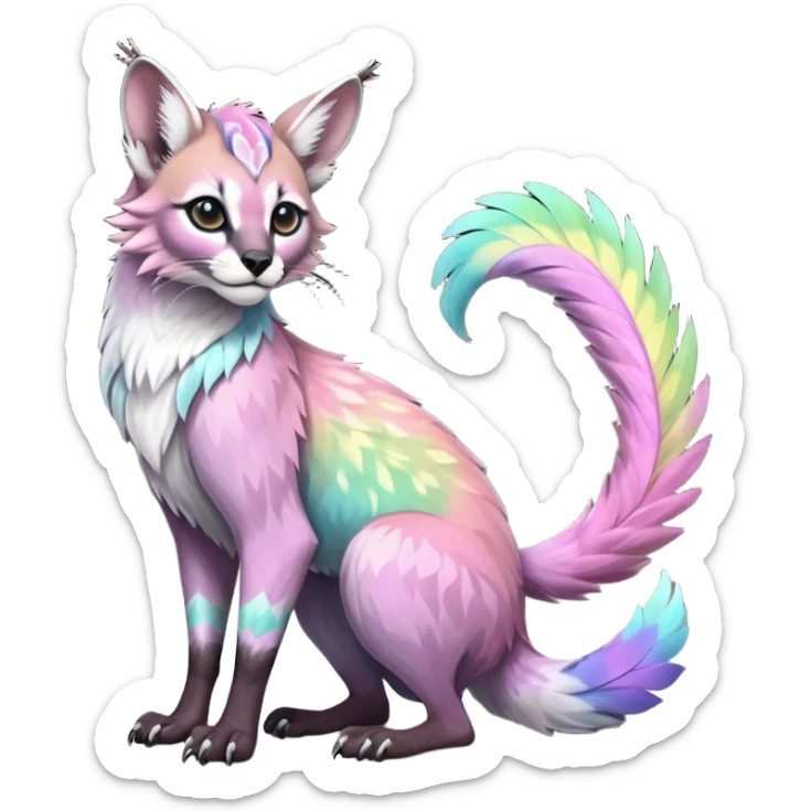Colorful dark tropical feathery tribal pale light fruity pastel white glorious iridescent divine exotic cute cool beautiful beautiful fantasy-caracal-civet-genet-sergal-vernid-Gryphon-Cacomistle-Trico-oncilla-animal-Fakémon-hybrid-fursona (full body) sticker