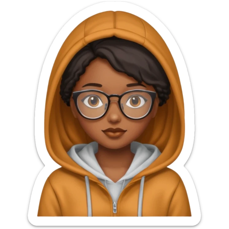 black girl with caramel skin and glasses with a silk press and a hoodie sticker