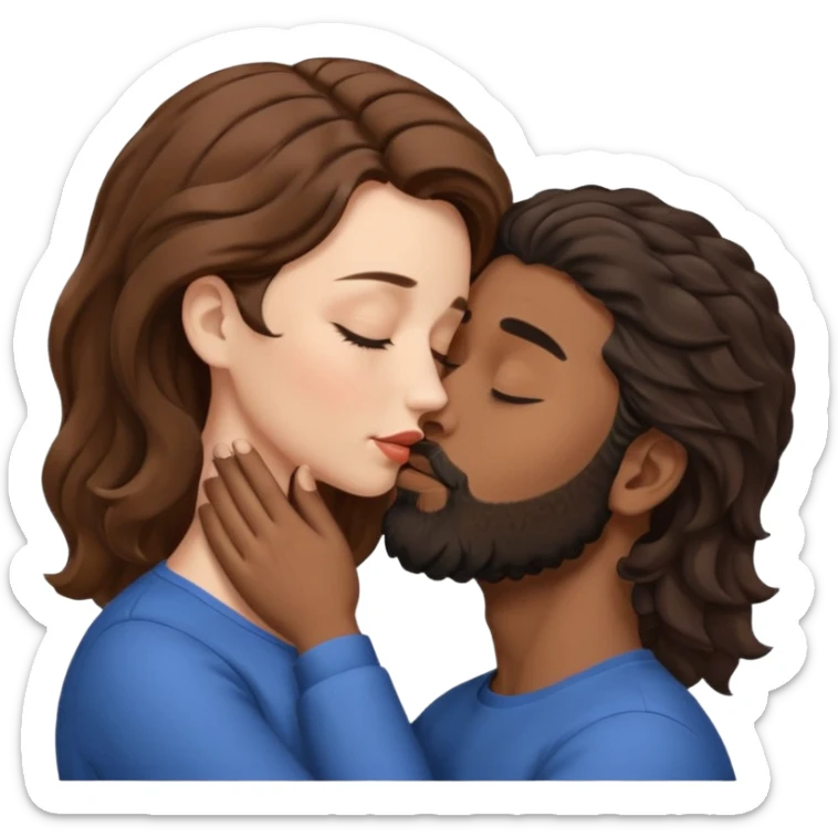 White woman (brown hair with eyes closed) kissing the top of the head (forehead) of brown man with black wavy hair (has a a beard with his eyes closed too) sticker