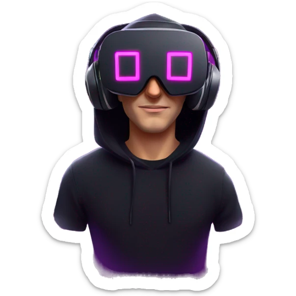 Russian man wearing a black hoodie with "OMG" letters on it and VR headset in a cyberpunk VR environment with violet neon lighting. sticker