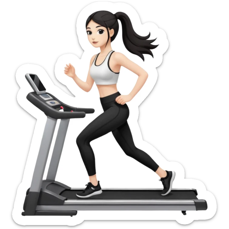 Девушка белокожая на беговой дорожке, с длинными темными волосами, в одежде для йоги - черные лосины, белый короткий топ на тонких лямках, с черными ресницами sticker