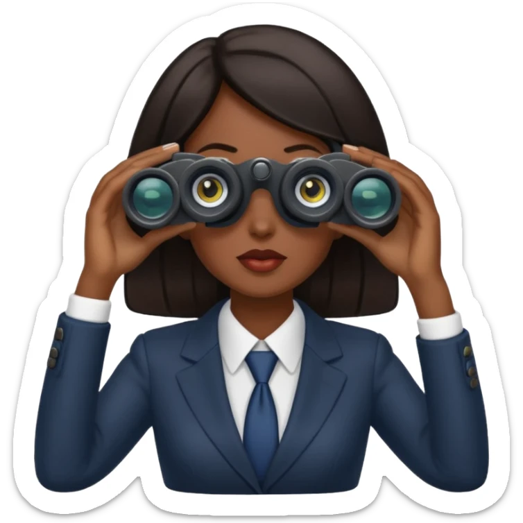 a woman with dark hair in a business attire looking into binoculars sticker