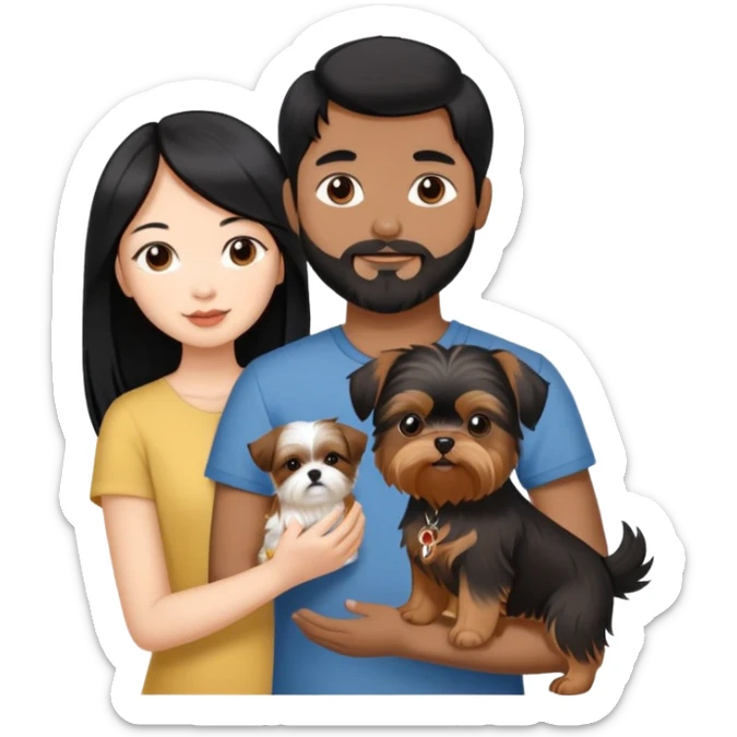 A beautiful Asian girl with long black hair is holding a Yorkshire Terrier. She is standing next to her brown skinned boyfriend, who is holding a Shih Tzu. They are each holding one dog each sticker