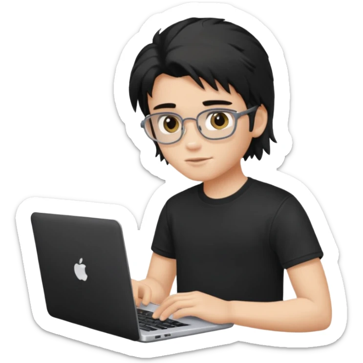 generate a pretty fair bratz boy with a messy mullet (black hair), wearing a black tshirt. Using his laptop sticker