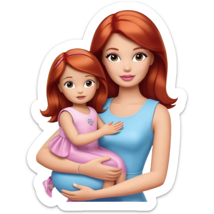 Barbie girl with makeup with brown hair with baby daughter girl with red hair by the hand sticker