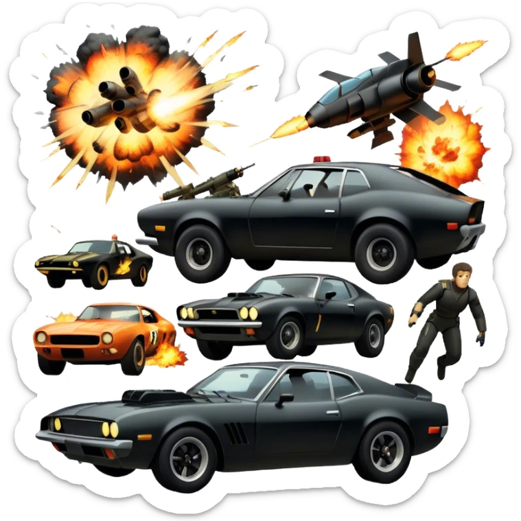 Photorealistic Icon for Action Movies: Dynamic collage of iconic action movie scenes featuring explosions, fast cars, combat, and weapons. Include silhouettes of famous action heroes, dramatic lighting, and a sense of high-octane energy. Transparent background. sticker