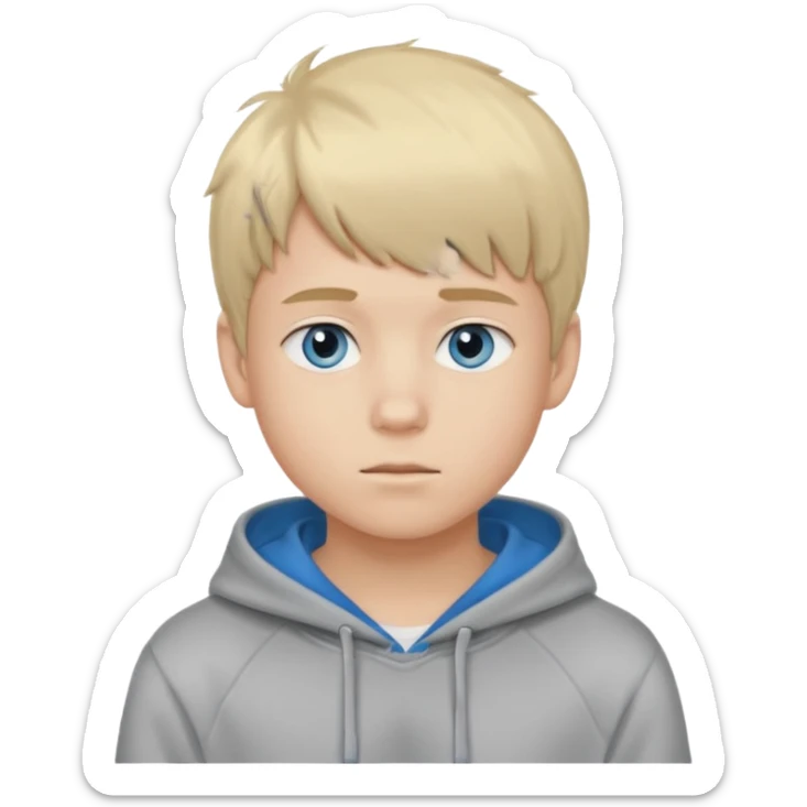 Teen boy with blue eyes and Grey hoodie standing up with blond short hair and fluffy bangs sticker