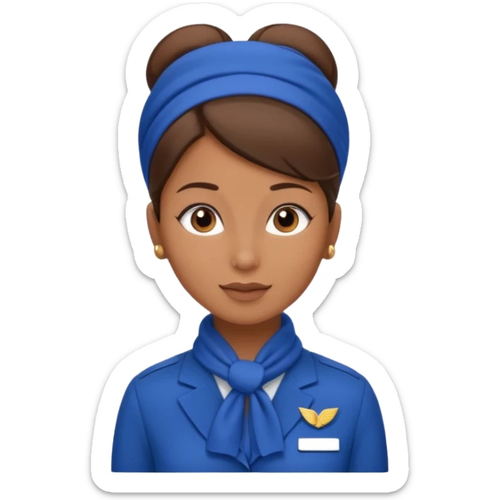 Brown tan skin flight attendant, brown hair in a bun, blue uniform, blue scarf sticker