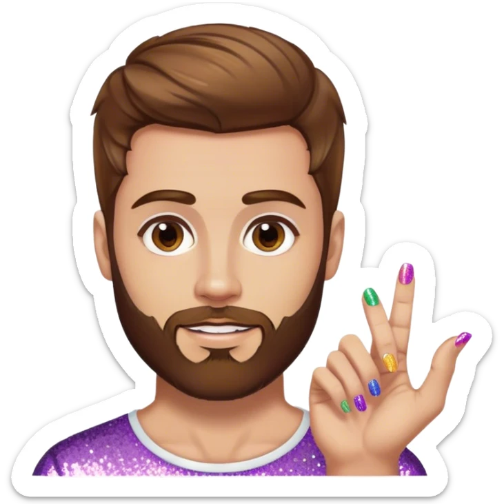 white man with medium length brown hair and short brown beard, very gay pride, add glitter and nail polish more gay sticker