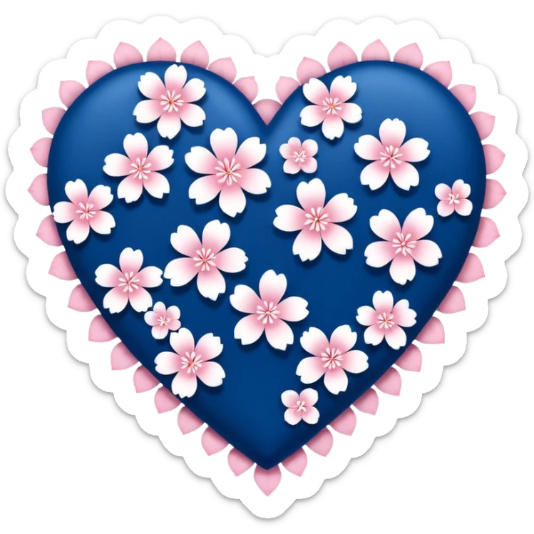 goth  blue sakura heart, heart made of white sakura petals with pink accents, remove background sticker