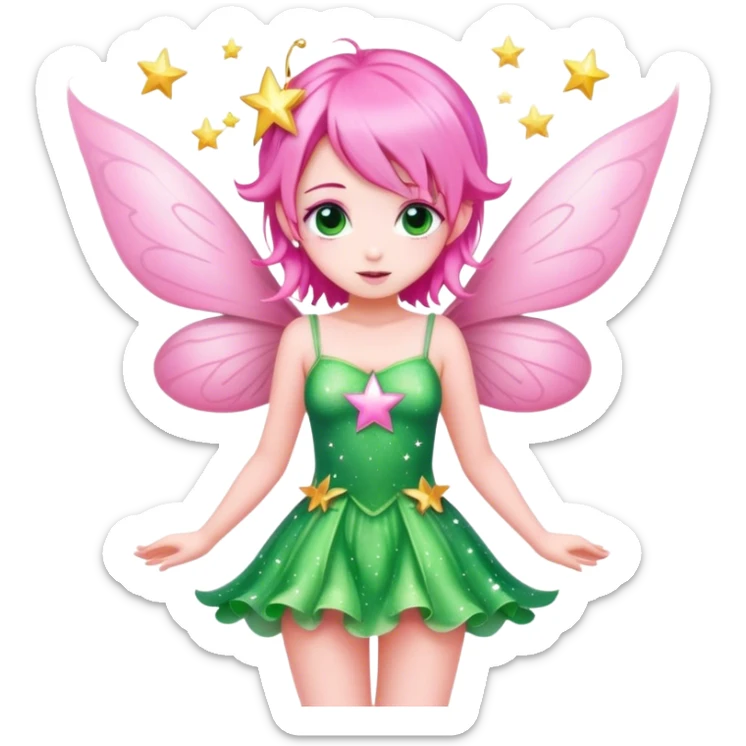 pink fairy with pink hair and pink wings in green dress sparkle stars sticker
