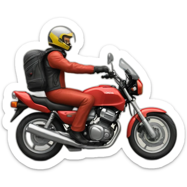 A middle age man “wheelie” the motorcycle honda Red 250 cc 1985 sticker