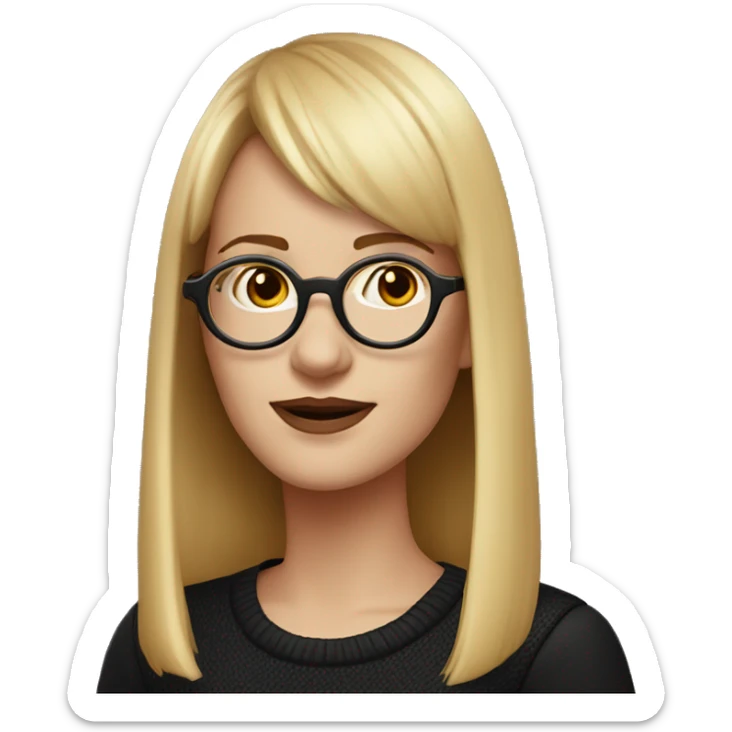 a white woman with round gold glasses, black sweater and faded red shoulder-length hair with bangs sticker