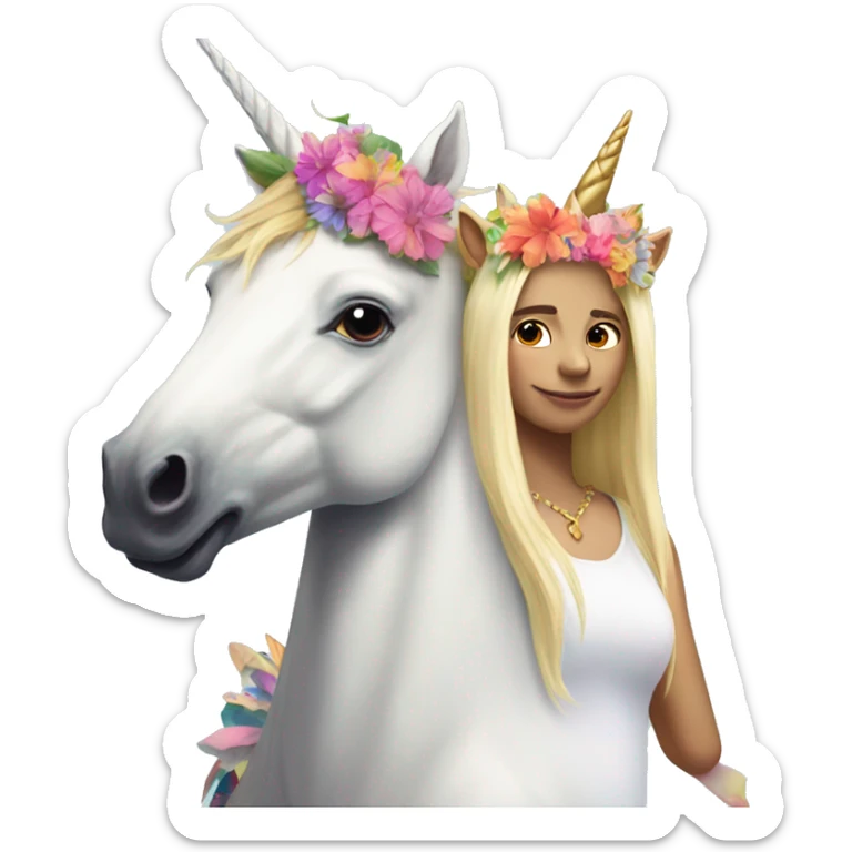 unicorn with rainbow horn with a blond woman with a flower crown riding it sticker