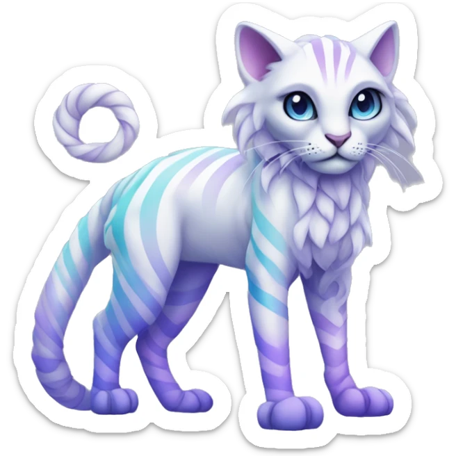 White vernid fantasy creature LiLaiRa Kamirah Falvie whiskers paws full body with pastel purple blue gradient stripes braided tail feline sticker