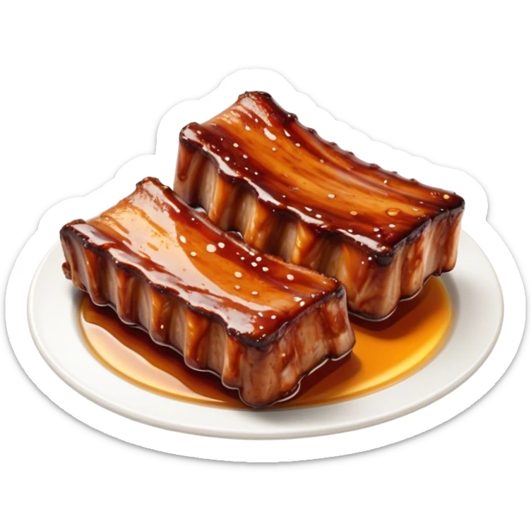 Honey Glazed BBQ Ribs Cinematic Realistic Honey Glazed BBQ Ribs Dish Emoji, depicted as a small portion of tender, honey-glazed ribs with a sticky, smoky finish, rendered with rich textures and warm, dynamic lighting. sticker