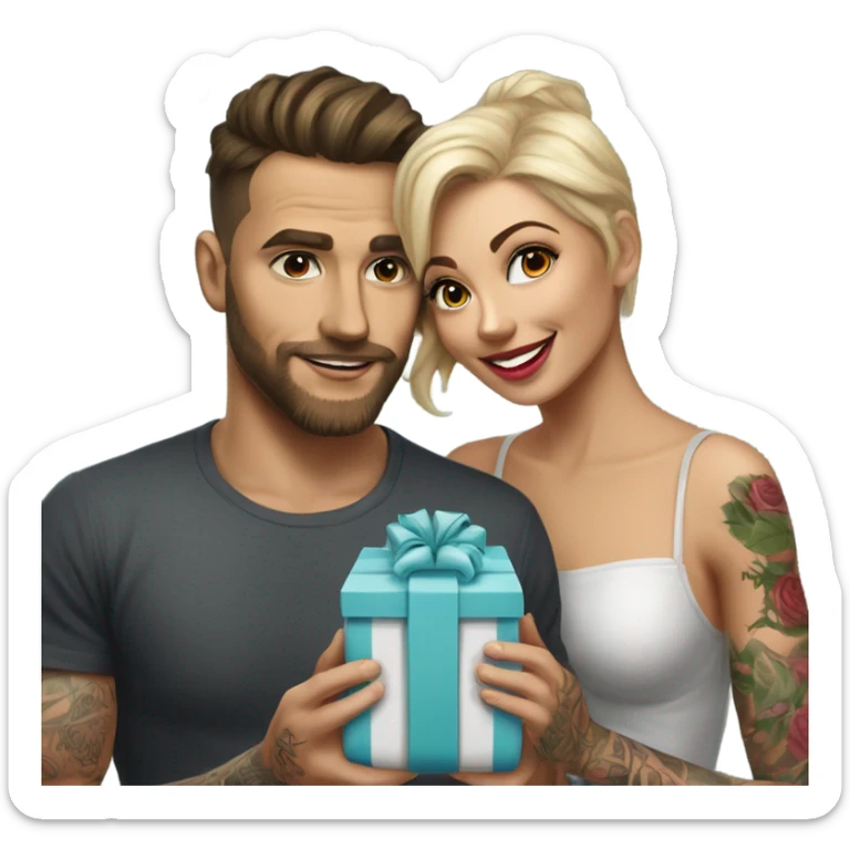 Hyper Realistic beautiful woman receiving a gift and a bouquet of roses from a handsome tattooed man  sticker