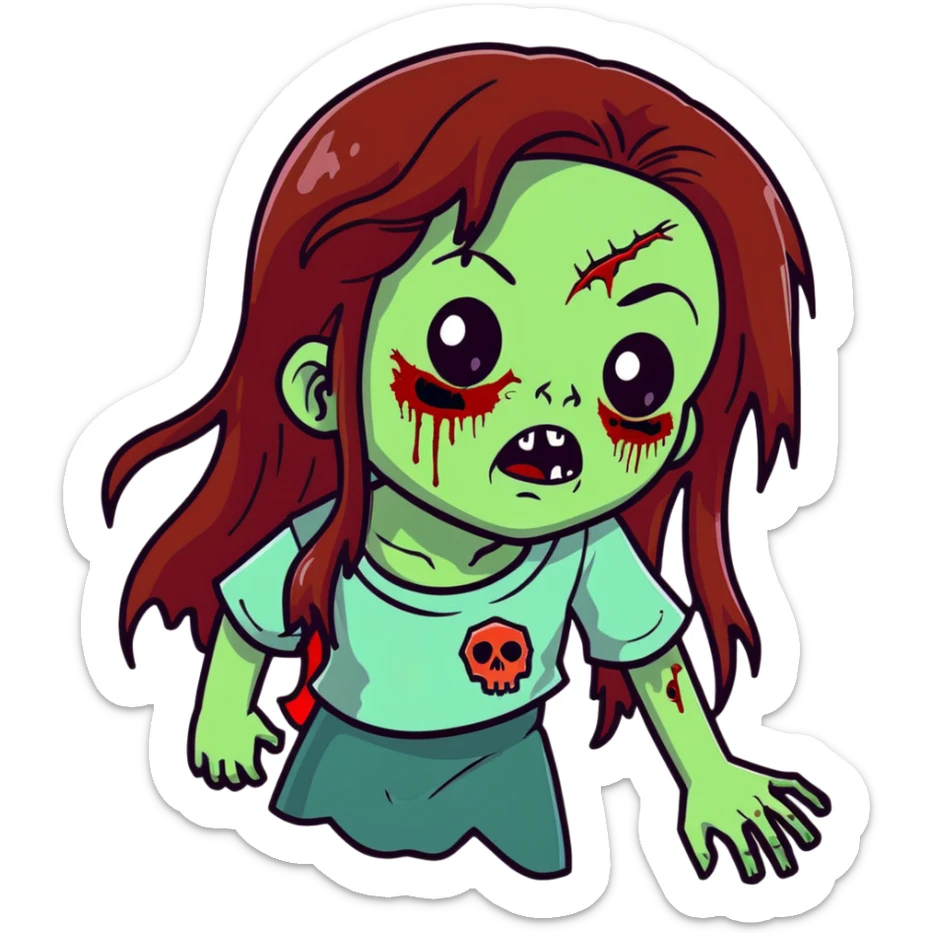 Girl zombie with long flowing brown hair, decaying pale green skin, and creepy undead expression sticker