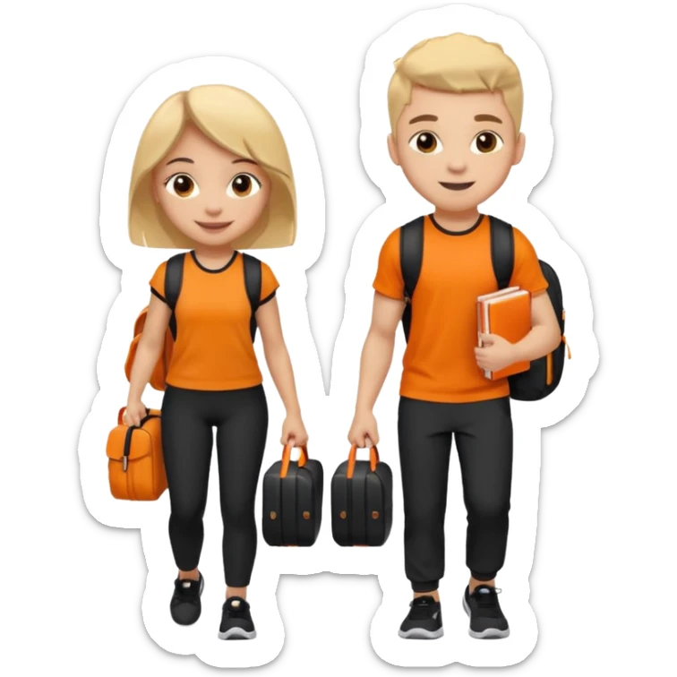light skin students girl and boy with school bag full of books on back and dumbell in hand. Clothes are in black and orange colours. They are going to the gym sticker