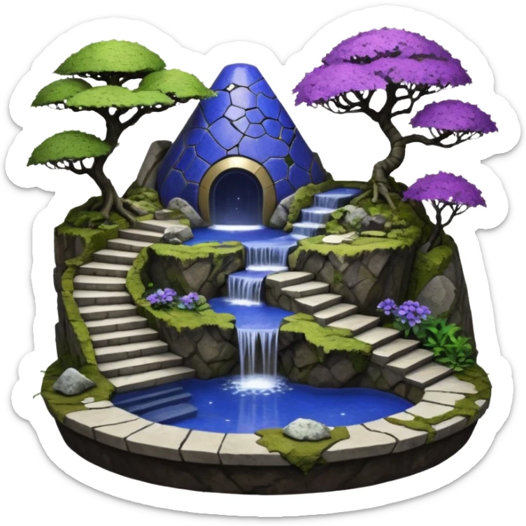Crashed Alien saucer pool-house jungle winding narrow stairway fountain lakeside mountainside -island getaway nighttime landscape antique mudman very old broken cracked intricate Stone Age lapis-crusted irregular dodecagon-shaped shallow dark moss rough bark violet serissa flowered maple tree bonsai sticker