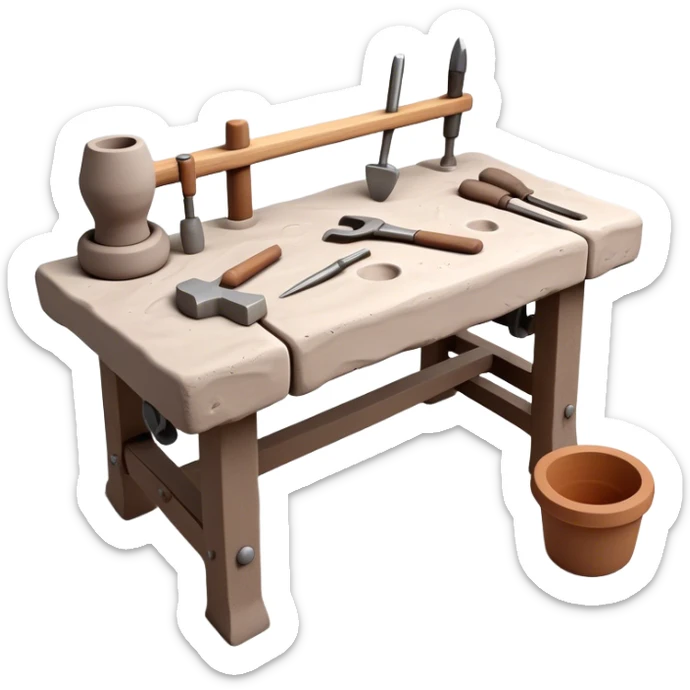 Cinematic Realistic image of a workbench set with a lump of pliable clay and artisanal sculpting tools, rendered with finely detailed textures that reveal subtle clay particles and well-worn tool surfaces, bathed in warm, focused studio lighting sticker