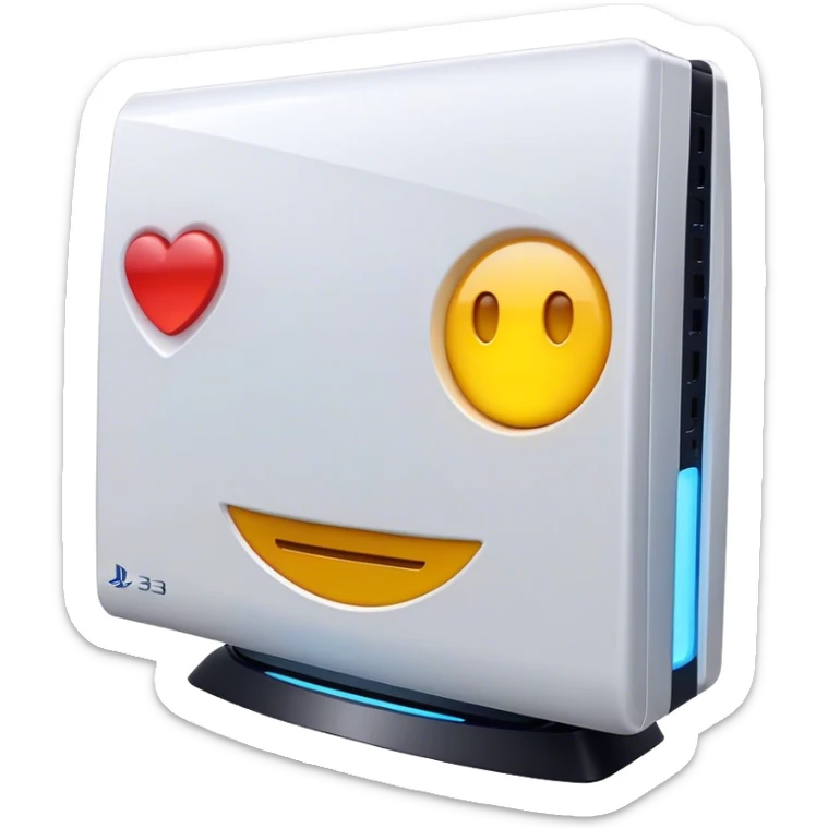 Clash of Clans aesthetic: Cinematic Playful PlayStation 3 Console Portrait Emoji, rendered in a 3D vector-style similar to standard emojis with minimal shading and bold, simplified shapes. A compact, distinct form with signature details, softly glowing with a cutting-edge console technology charm. Simplified yet unmistakably iconic, highly detailed and consistent, glowing with a soft radiance and high shine. Stylized with a touch of technological advancement and a soft glowing outline, capturing the essence of a beloved gaming relic with a friendly, playful manner! sticker
