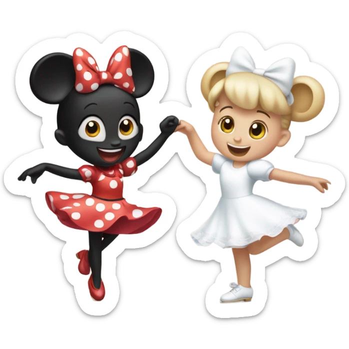 Minnie Mouse with white skin dancing with little girl with white skin and light brown hair dancing  sticker