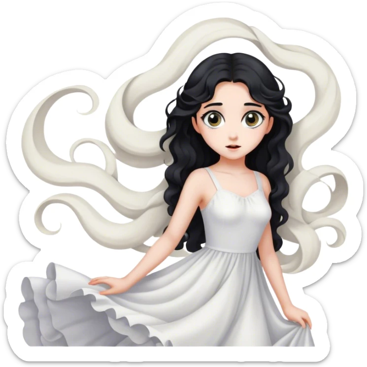 beautiful and pretty 16-year-old woman with big eyes, long wavy black hair, gray eyes, fair skin, wearing a white dress, and striking a pose sticker